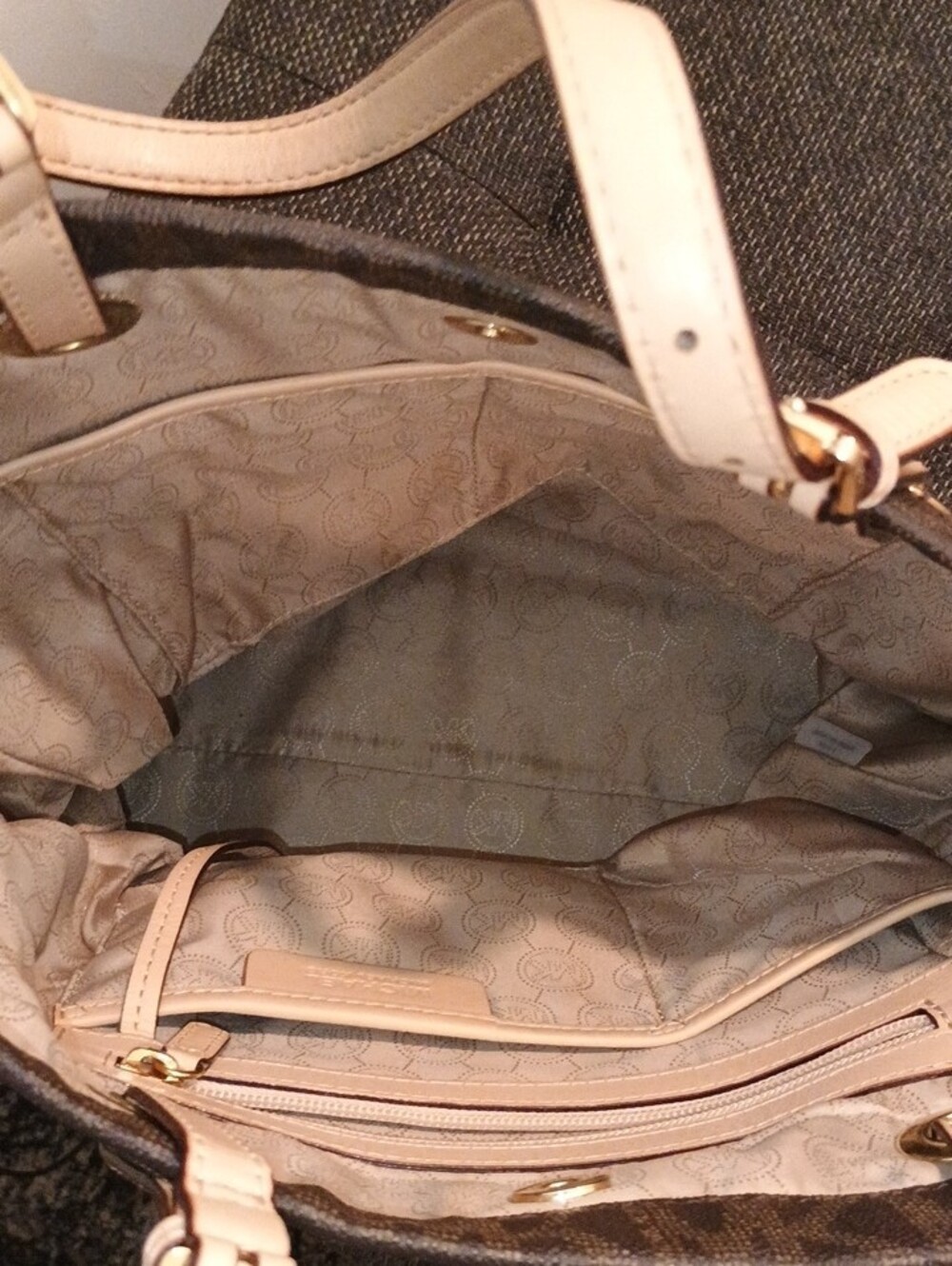 Michael Kors Brown MK Logo Tote with Beige Straps - Picture 2 of 4